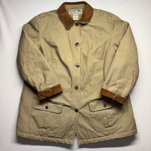 LL Bean Womens XL Barn Coat Tan Cotton Canvas Quilted Thinsulate Jacket 267097 - Picture 3 of 8
